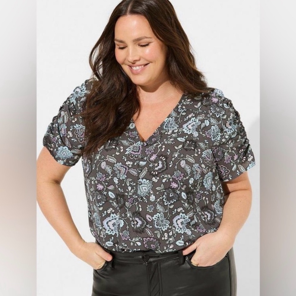 Torrid Floral V-Neck Harper Georgette - Black, Teal and Purple